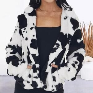 Bibi Boutique Cow Print Faux Fur Jacket Western Cozy Plush Layering Statement